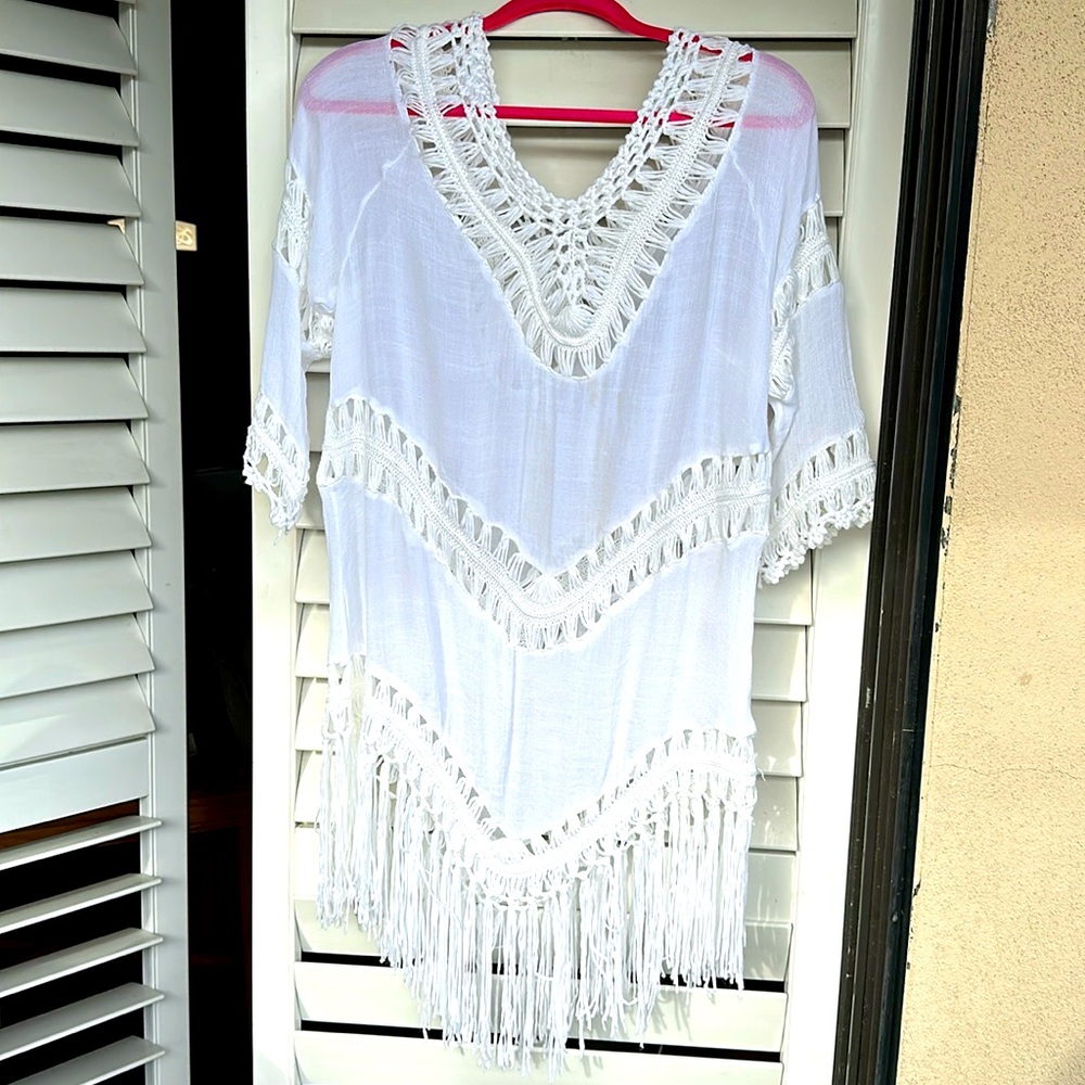 White Rayon and String Beach/Pool Tunic Dress Size L